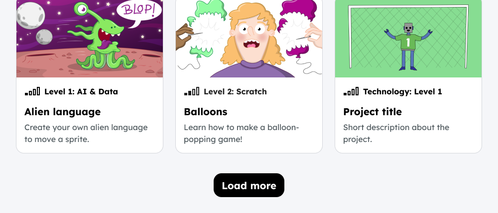 A website displaying a row of project cards. Below the cards is a centered, black pill-shaped button with white text that reads "Load more."