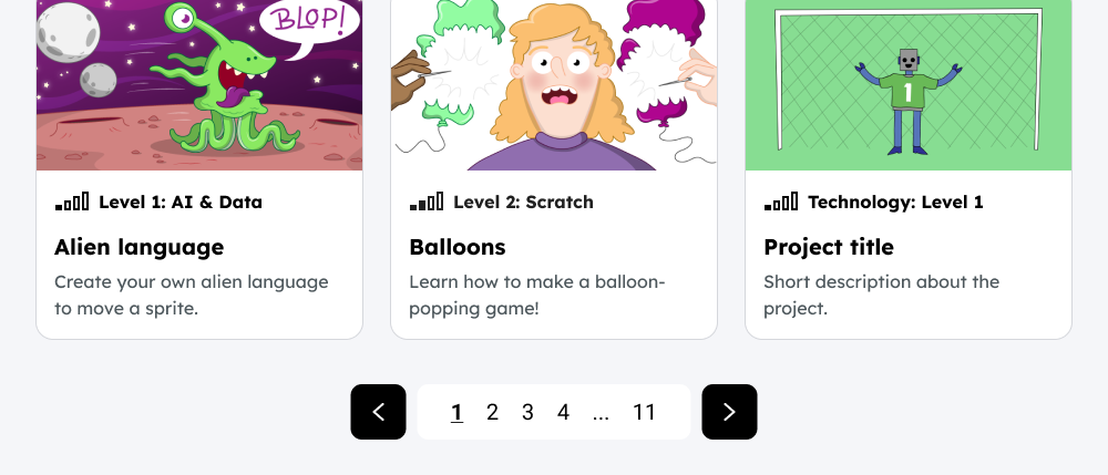 A website displaying a row of project cards with a pagination control bar below. It has a left arrow button, a list of page numbers with '1' underlined, and a right arrow button