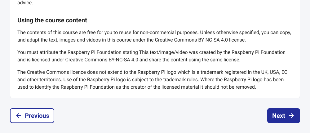The bottom section of a text-heavy webpage with navigation buttons below. On the far left is a white outlined button labeled "Previous", and on the far right is a solid blue button labeled "Next".